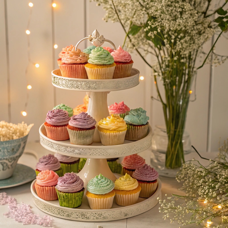Budget-friendly cupcake display with pastel decorations and flowers