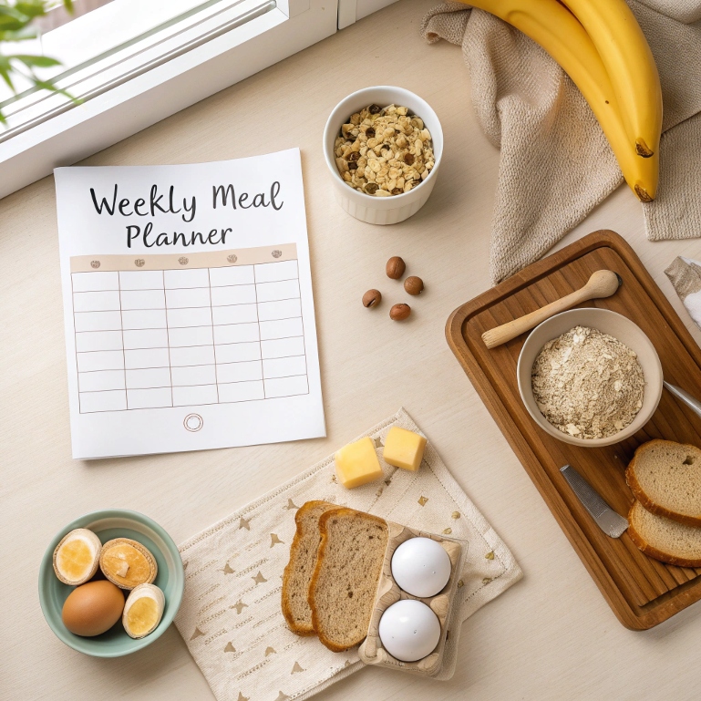 Budget-friendly family meal plan with handwritten notes and cozy kitchen setup