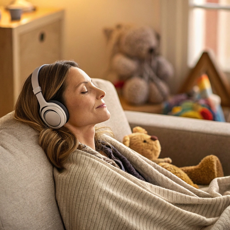 Busy mom enjoying quiet self-care moment on couch