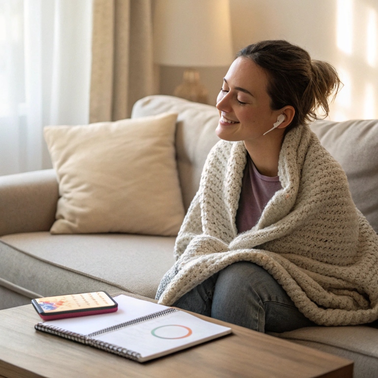 Calming moment with Aura meditation app and soft living room setting