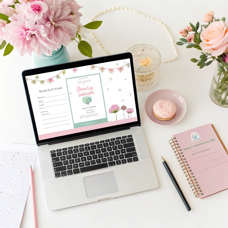 Canva DIY birthday party invitation on laptop screen in soft lighting”