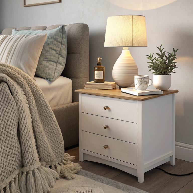 Clutter-free nightstand with diffuser and calming ambiance