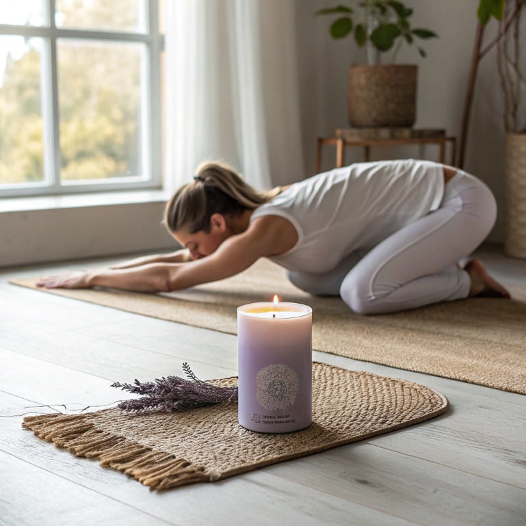 Cool down stretch with yoga mat and calming home decor