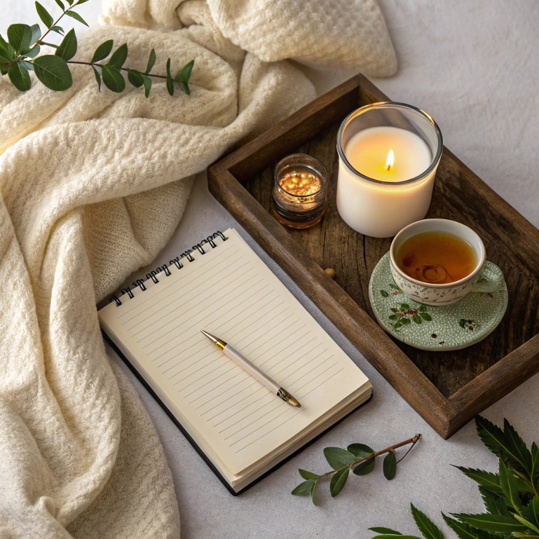 Cozy morning flat lay with tea, journal, and candle for self-care routine
