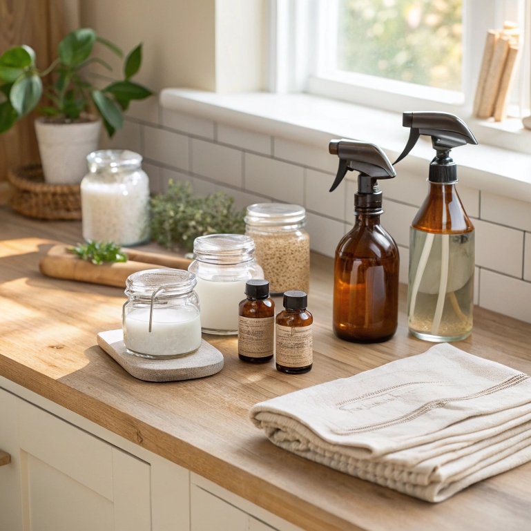 DIY natural cleaning kit with eco-friendly supplies on neutral countertop
