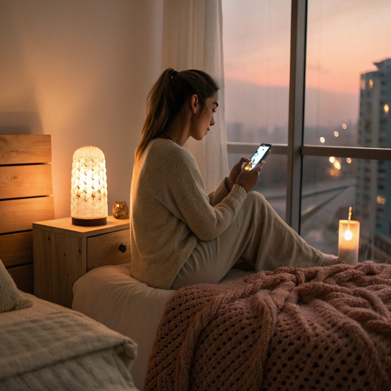 Evening meditation with Insight Timer app and cozy bedroom setup