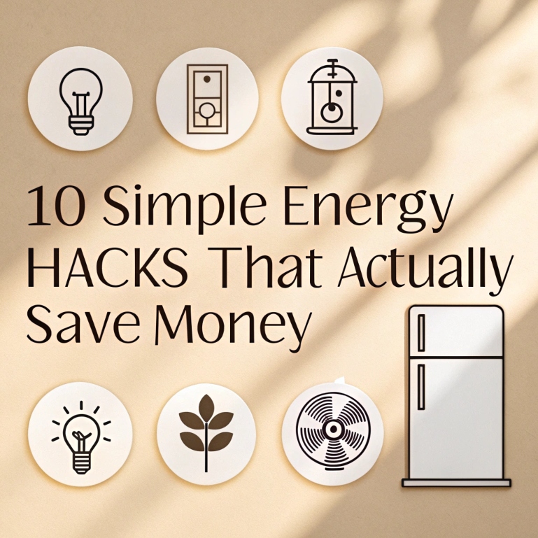 Flat-lay graphic with icons for Pinterest energy-saving tips