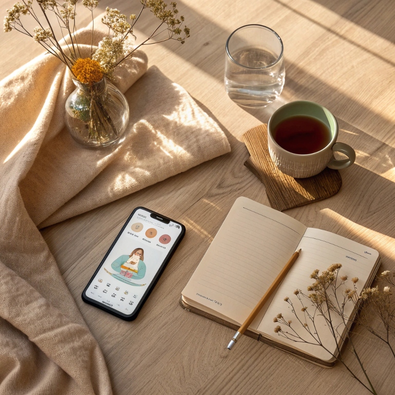 Flat lay of desk with smartphone showing meditation app and calming tea setup