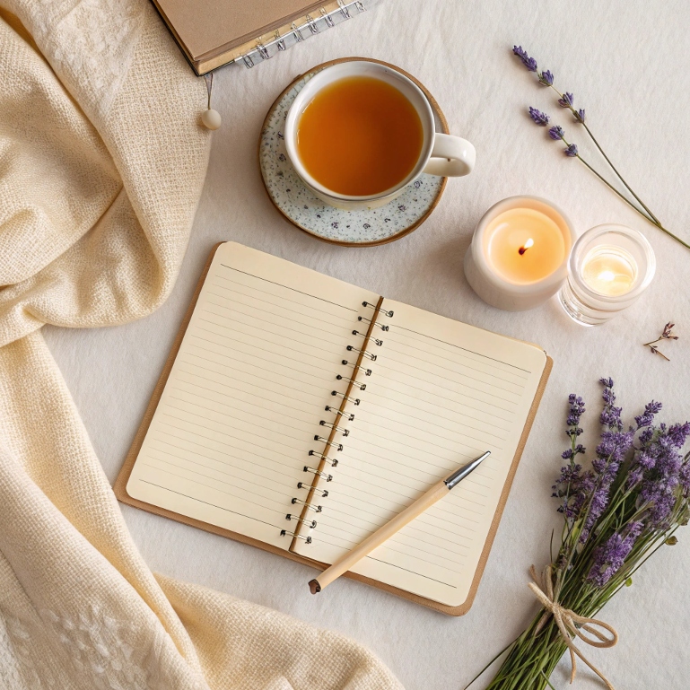 Flat lay with tea, journal, and lavender for natural stress relief
