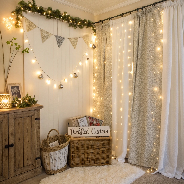 Frugal DIY photo booth with fairy lights and fabric backdrop