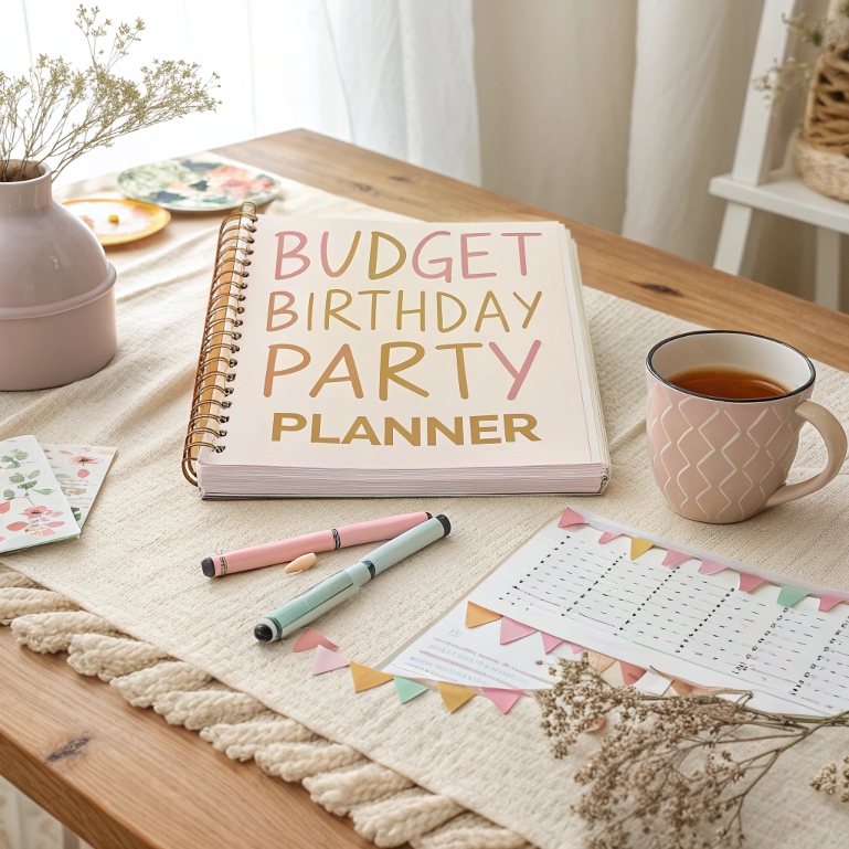 Frugal birthday party planning with cozy feminine desk and pastel stationery