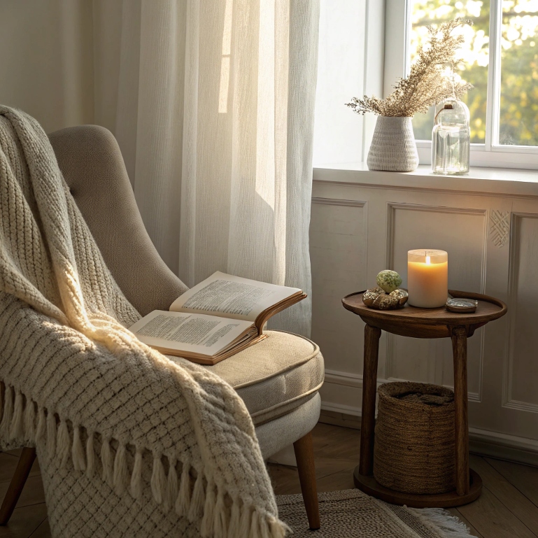 Home calm corner with chair, candle, and light throw blanket