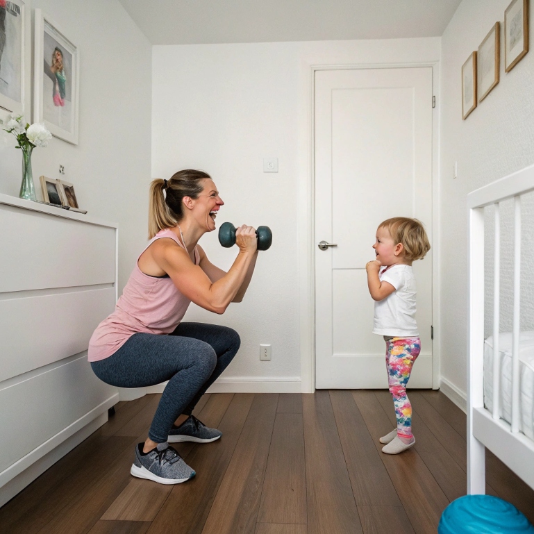 Home squat workout with toddler in minimalist room