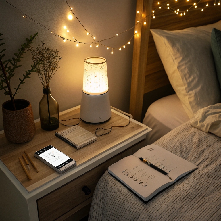 Insight Timer app and gratitude journal in a warm night setting