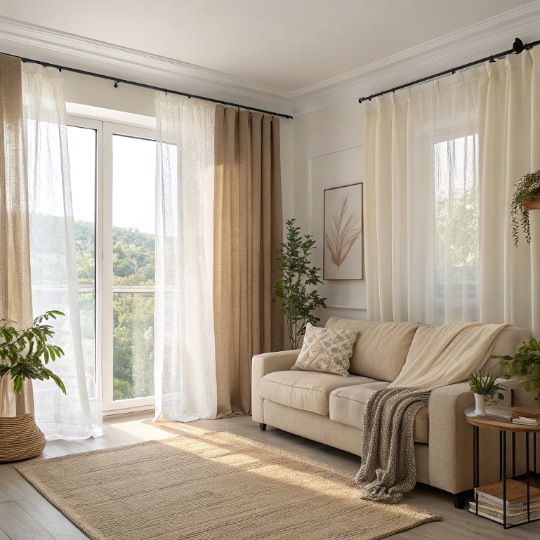 Insulated curtains in sunlit room for energy efficiency