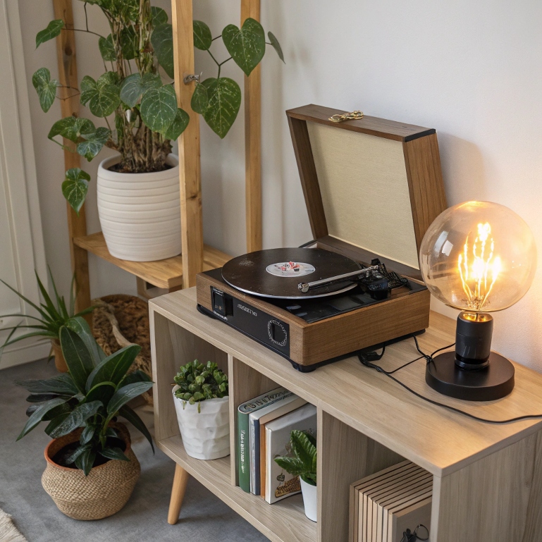 Listening to calming music for stress relief in cozy home corner