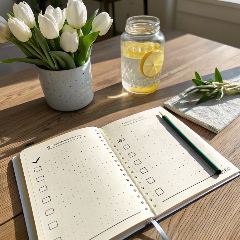 Minimal goal tracker journal with lemon water and tulips