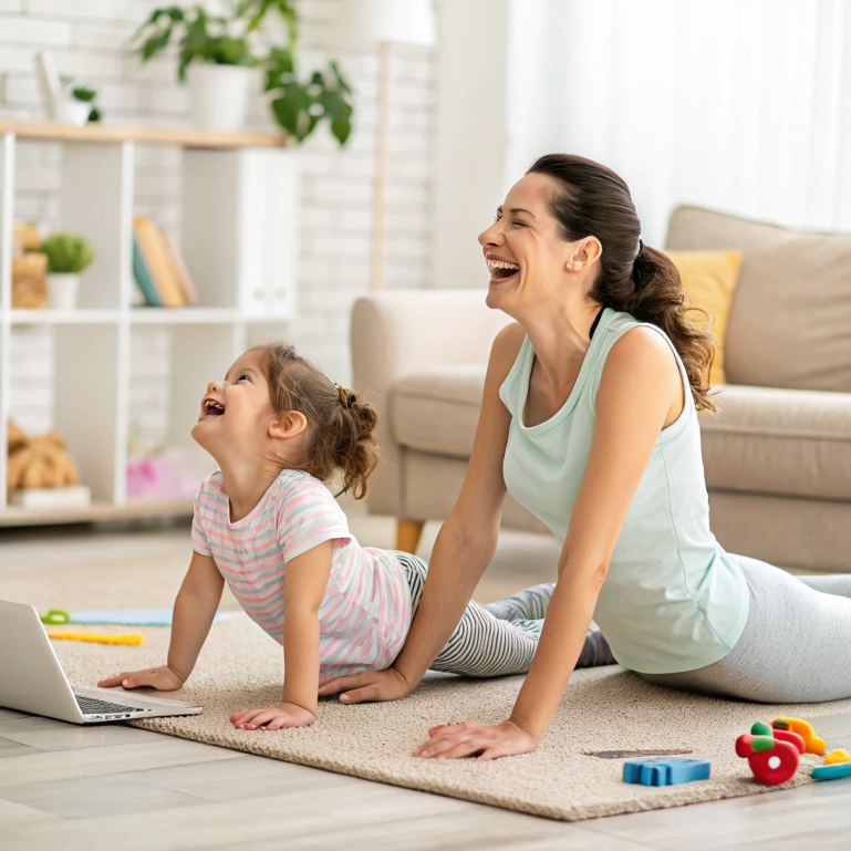 Mom doing workout with child in cozy living room