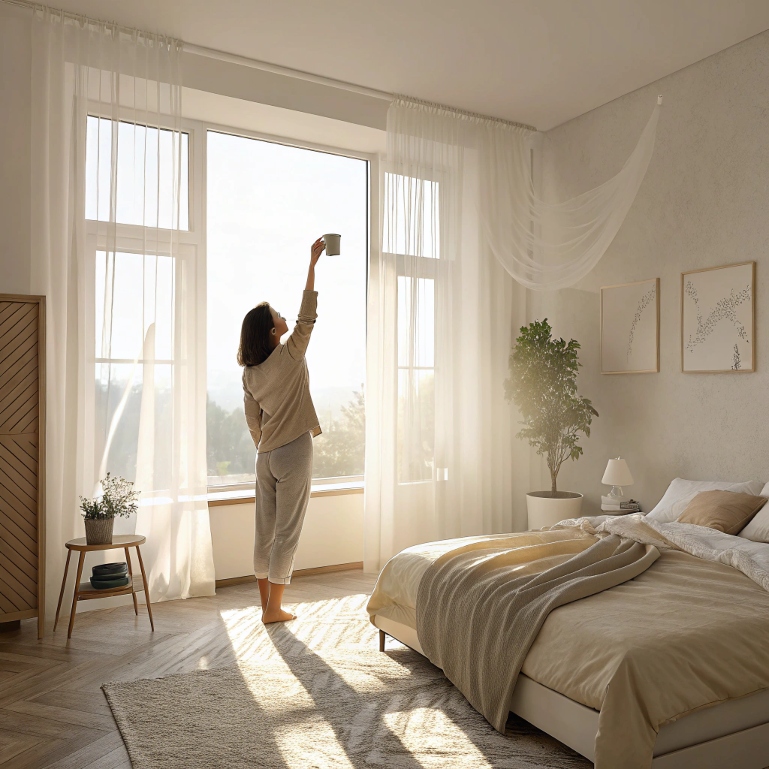 Morning self-care moment with sunlight and warm coffee