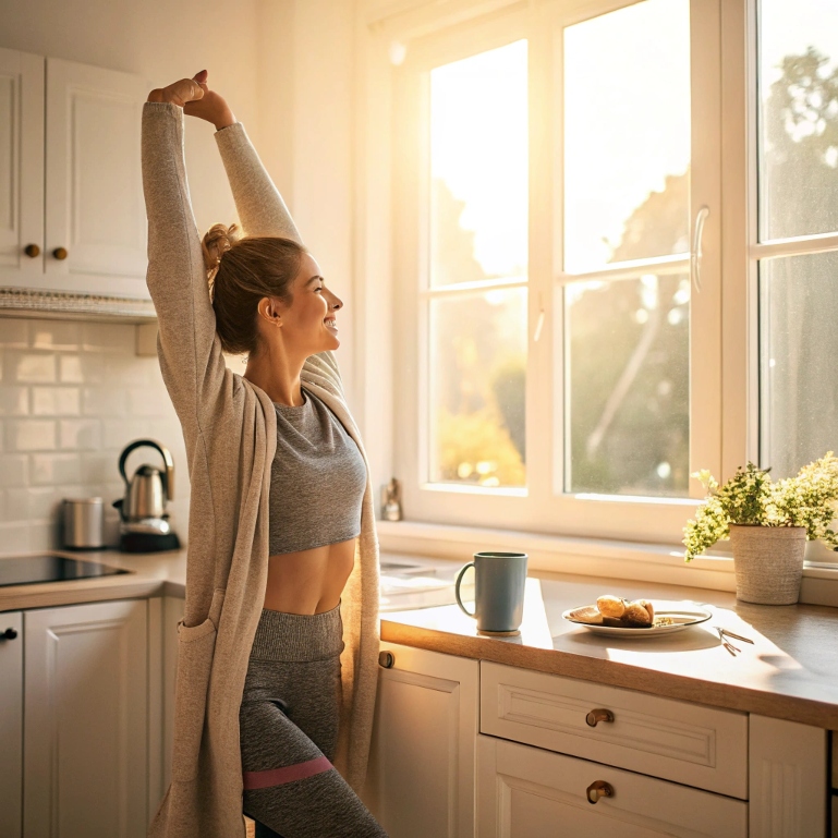 Morning stretch routine with coffee in sunny kitchen