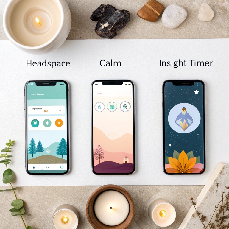 Multiple beginner-friendly meditation apps shown in calming infographic style