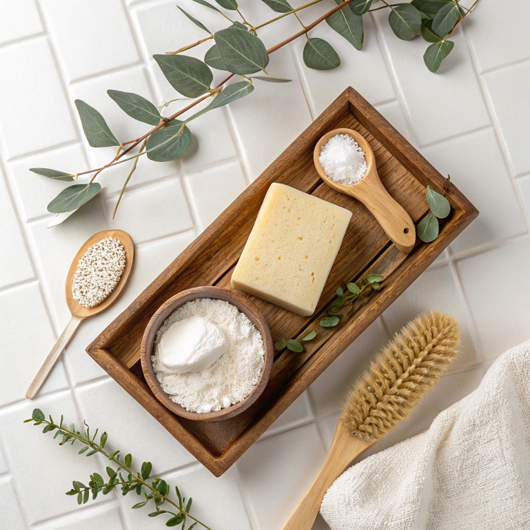 Natural bathroom cleaning supplies with eucalyptus and castile soap