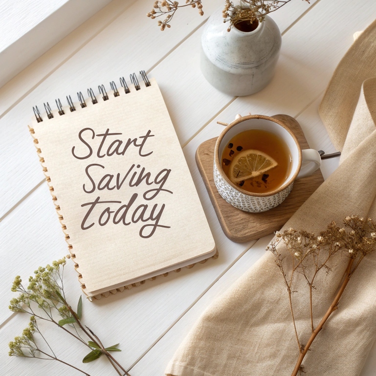 Notebook with energy-saving goal and warm cozy setting
