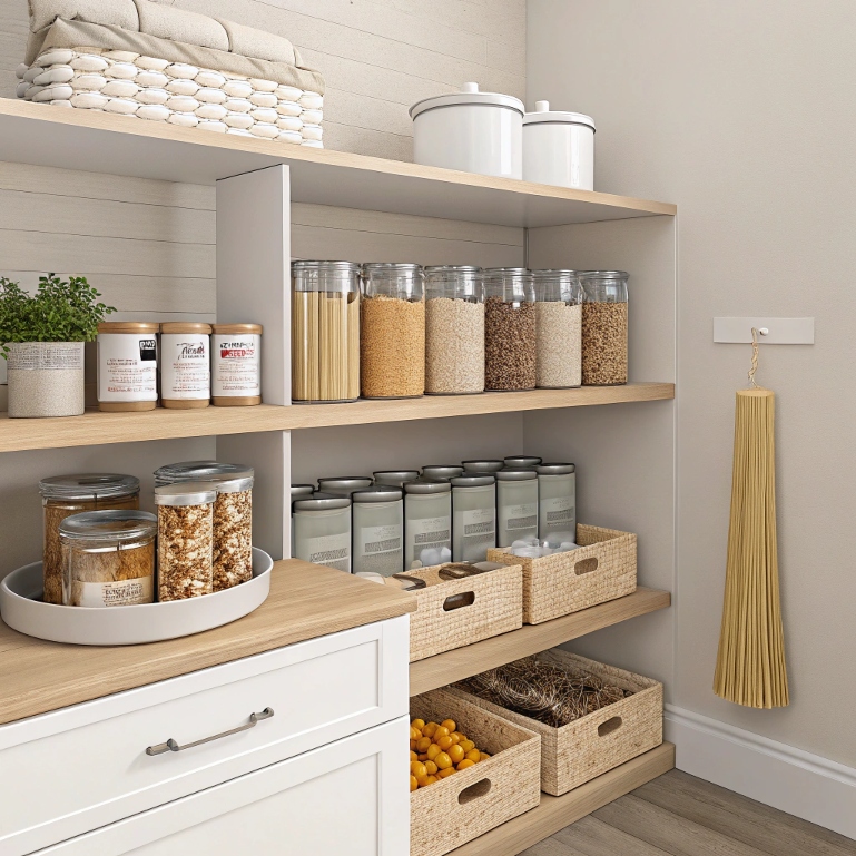Organized pantry stocked with non-perishable groceries and canned goods