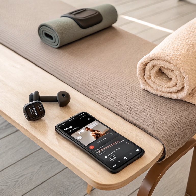 Phone with workout playlist and fitness gear flat lay