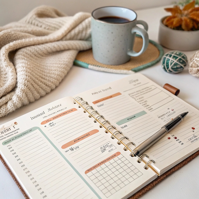 Planner and warm setting for a relaxing Sunday reset