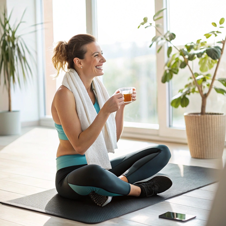 Post-workout glow with tea and relaxing home setting