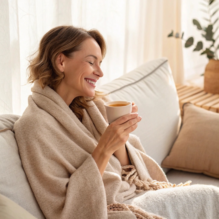 Relaxed woman enjoying stress-free moment at home