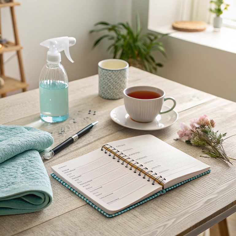 Sunday reset routine with planner and DIY cleaning setup