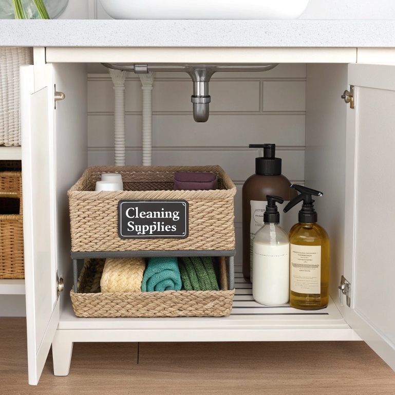 Under-sink DIY cleaning supply basket setup