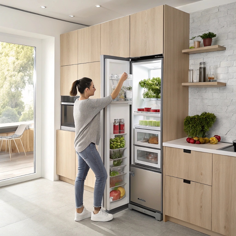 Woman adjusting fridge temperature to save electricity