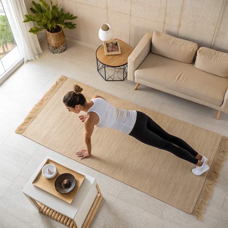 Woman doing plank in stylish home workout space
