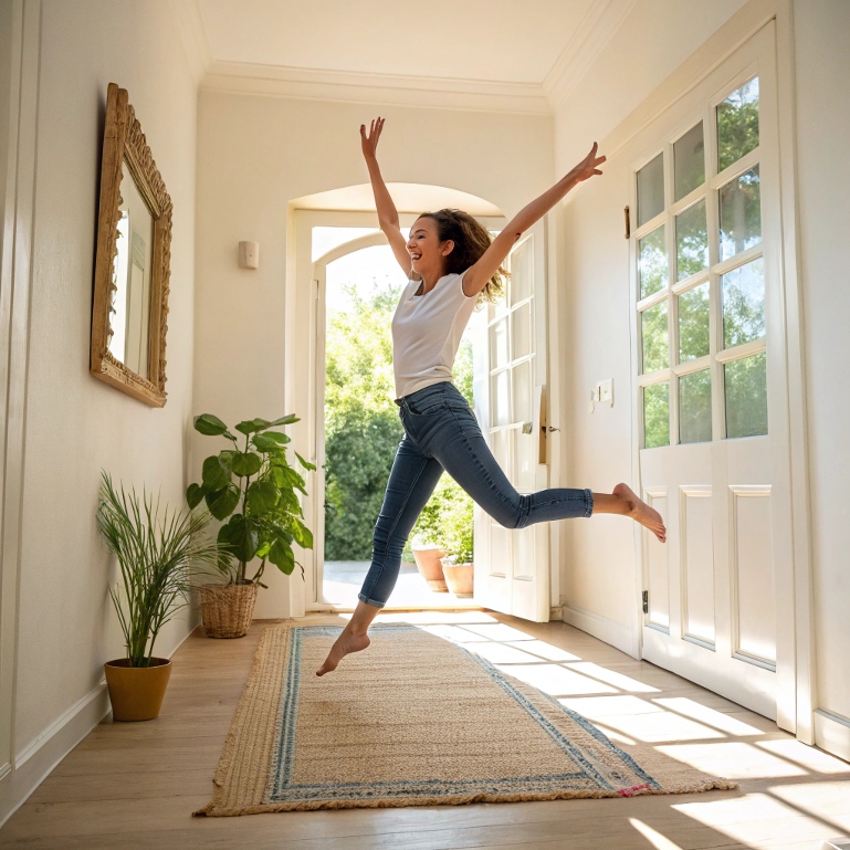 Woman doing quick warm-up in sunny home hallway