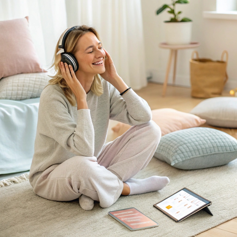 Woman meditating at home with headphones and Headspace app open