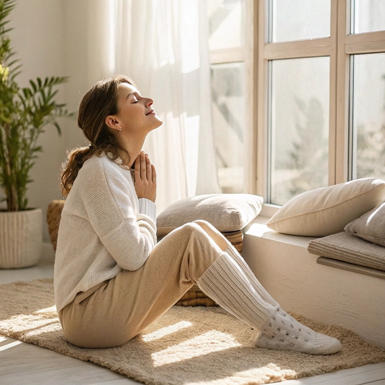 Woman using 5-4-3-2-1 grounding technique in peaceful home setting