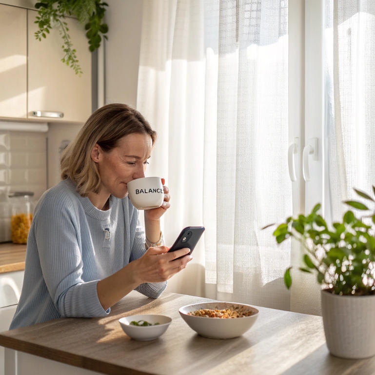 Woman using Balance meditation app during peaceful morning coffee
